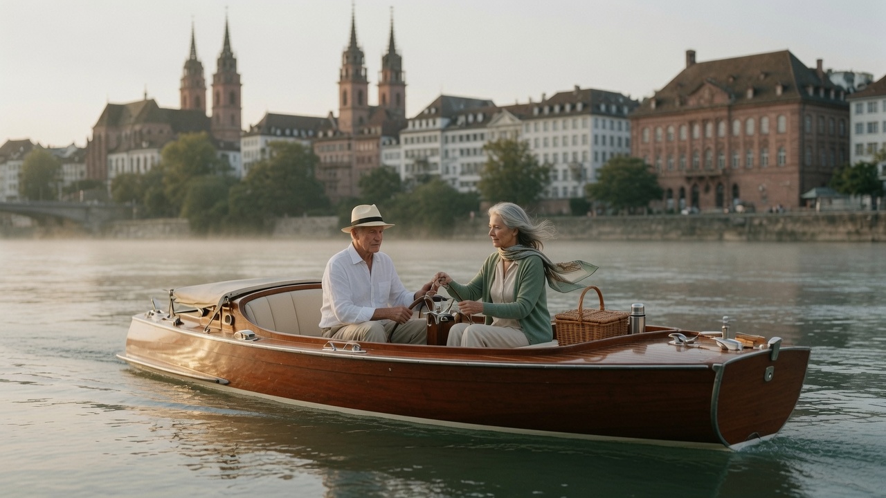 Älteres Paar im Mahagoni-Motorboot auf dem Rhein vor der Basler Altstadt