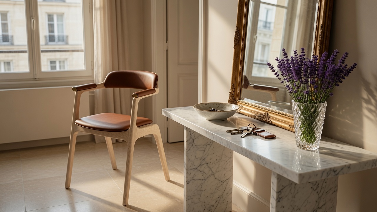 Eingangsbereich einer Bel-Étage-Wohnung mit elegantem Rollator neben Marmorkonsole